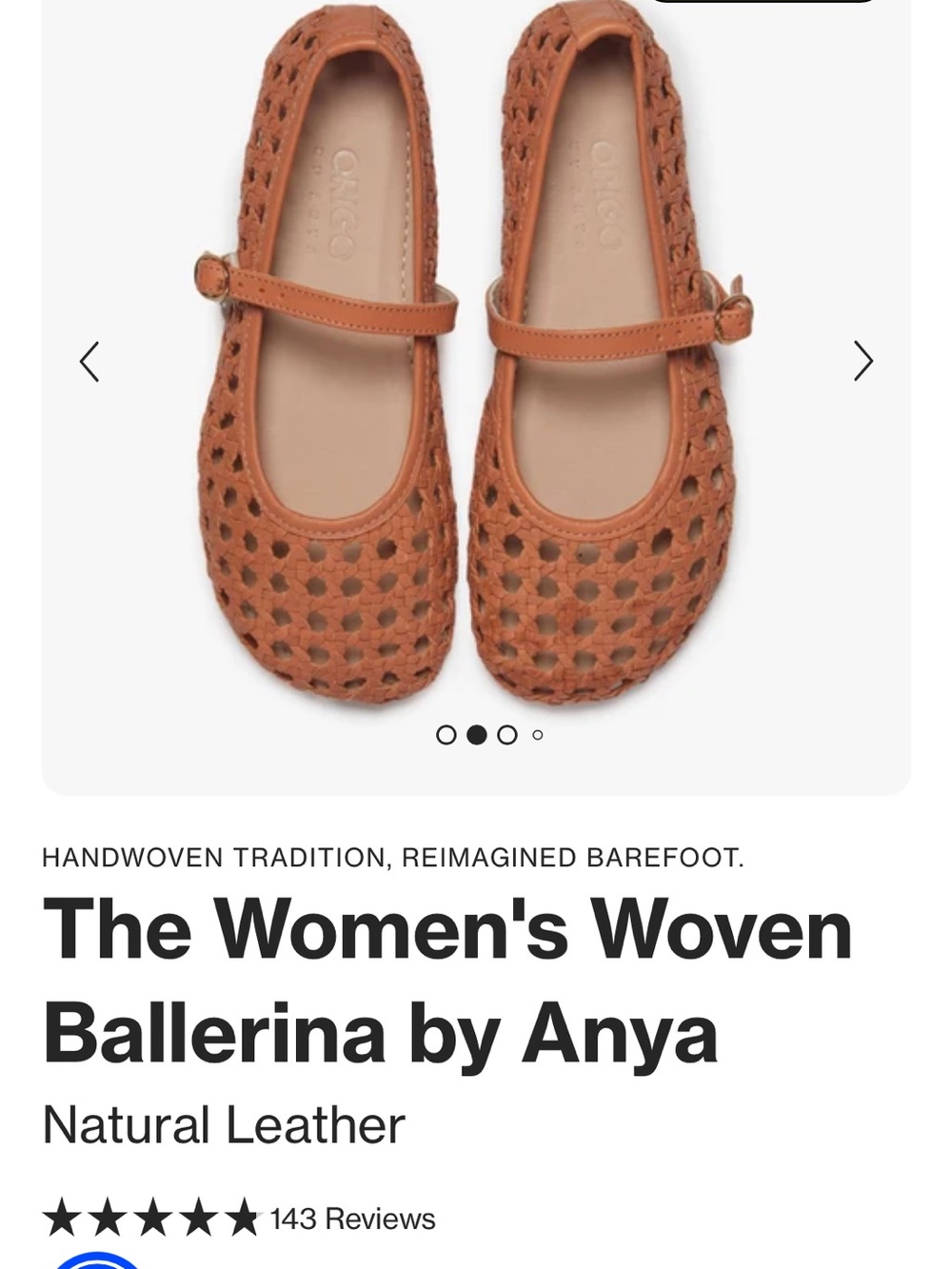 Wide / Barfoot shoe. Origo Women's Woven Ballerina by Anya - Natural Leather